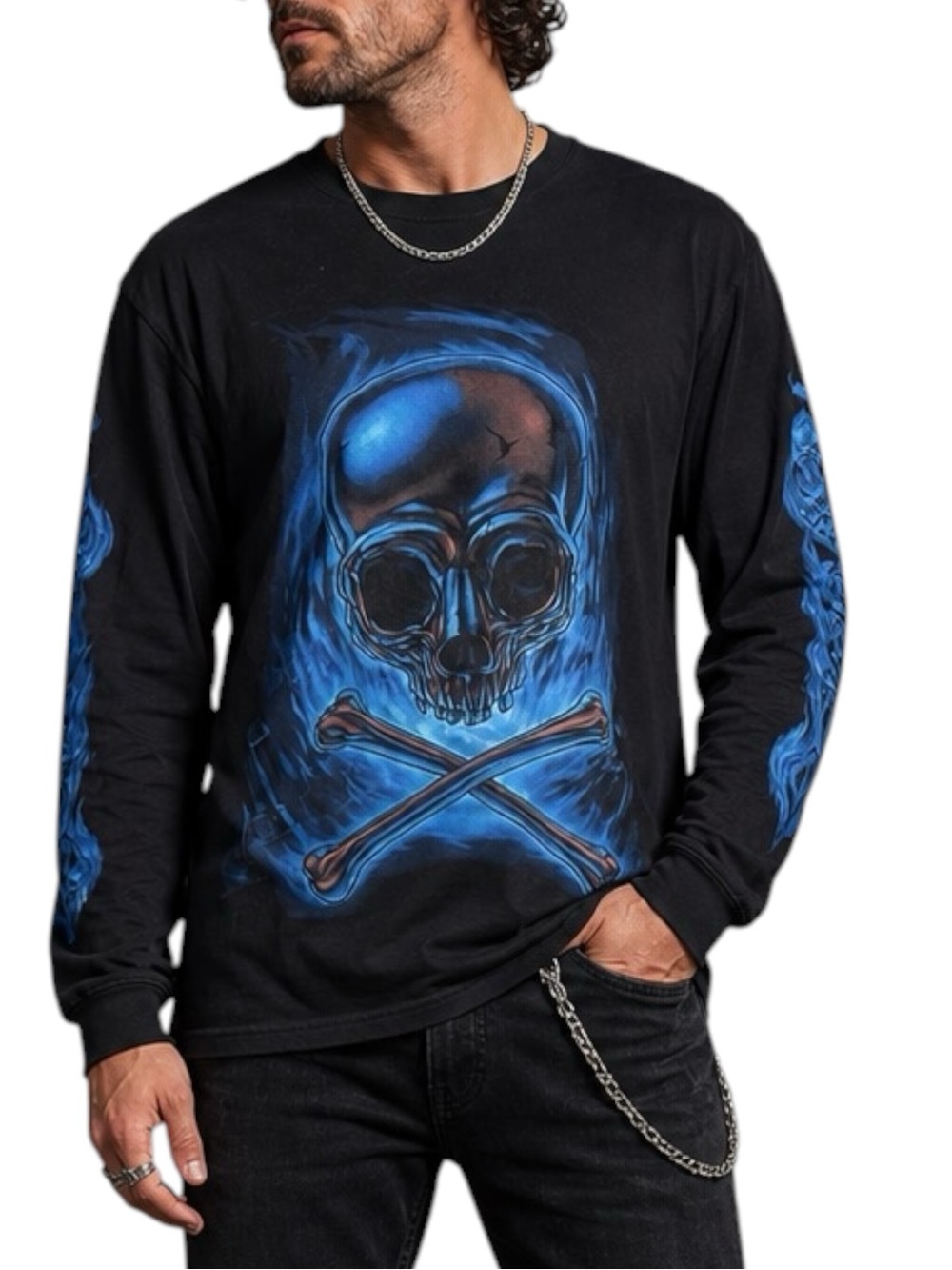 Lightening Clothing Blue Flame Skull Long Sleeve Tee Men’s M Y2K Biker Goth